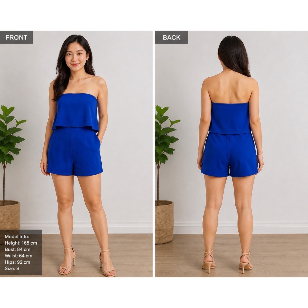 Crystal Sky Med Royal Blue Strapless‎ Romper Flounce Ruffle Overlay  One Piece M